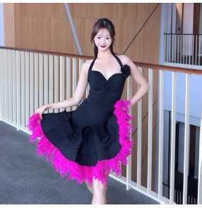 Latin dance dresses for women girls pink feather ruffles salsa rumba chacha latin performance costumes